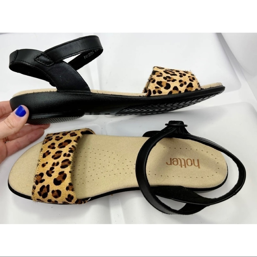 Hotter Sz 9.5 Womens Leopard Print Calf Hair Black Leather Sandal England